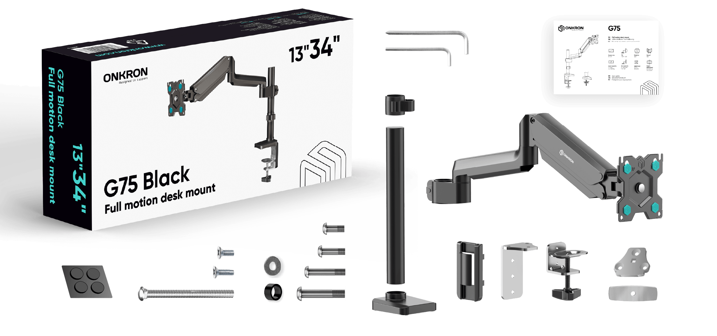 ONKRON VESA Monitor Halterung Tisch/Monitor Arm 1 Monitor schwenkbar für  13-34 Zoll Bildschirme 2-12 kg min VESA 75 x 75 max VESA 100x100  Tischhalterung G75-B Schwarz: : Computer & Zubehör