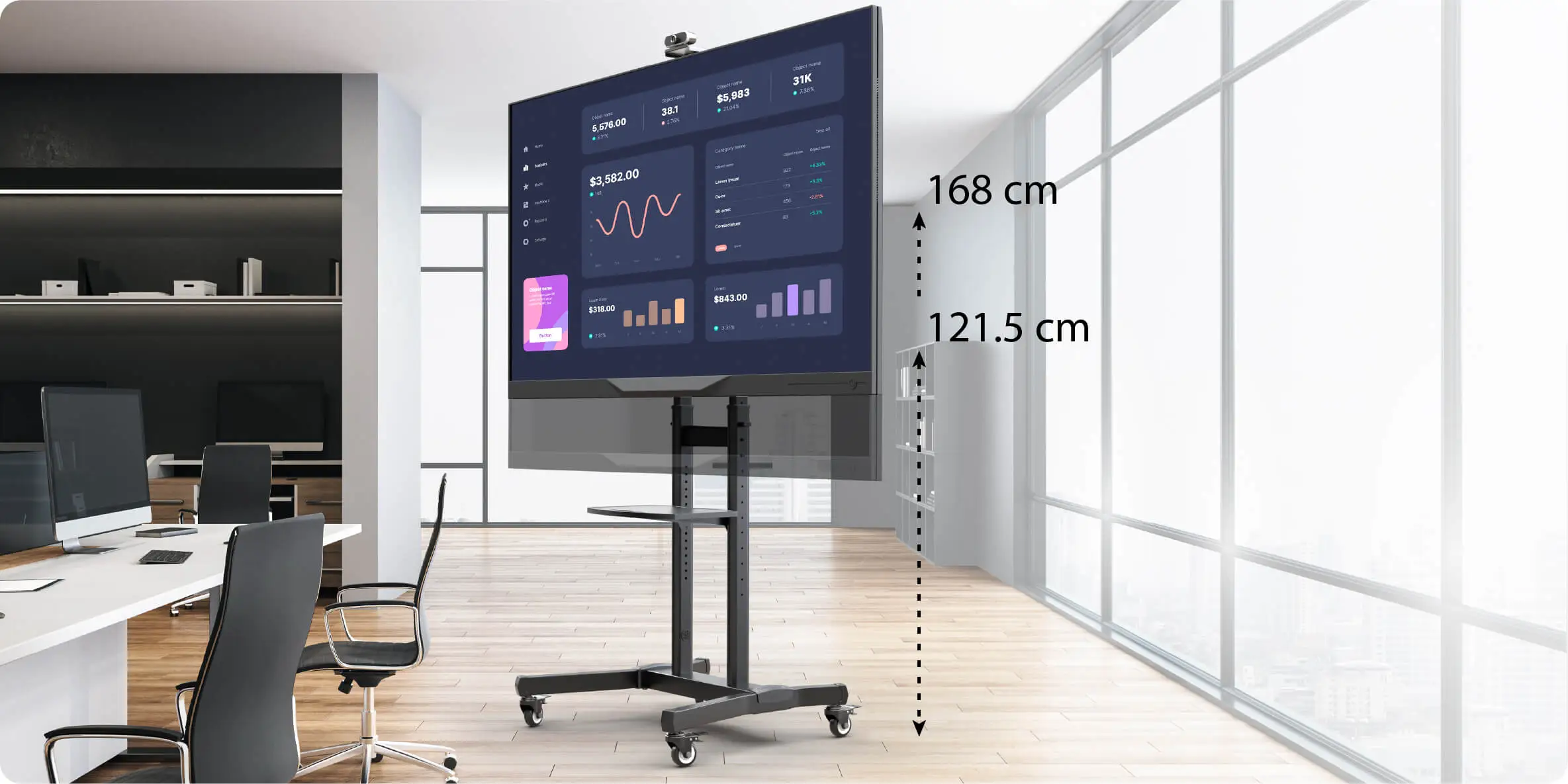 Height adjustable<!--nl-->mobile TV stand<!--nl-->Ideal for big TVs<!--nl-->and interactive<!--nl-->panel